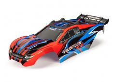 Traxxas TRX6734R Body, Rustler 4X4, rood en blauw / raam, grille, stickervel met verlichting (gemont