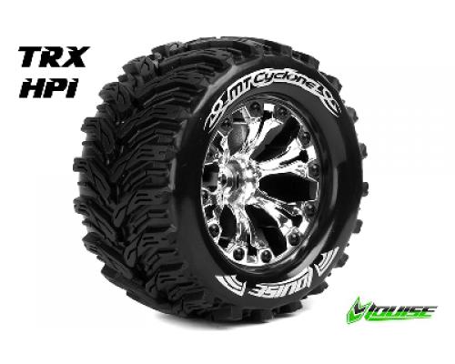 MT-CYCLONE - 1-10 Monster Truck Banden Set - Verlijmd op velg - Soft - 2.8\" Velgen Chroo