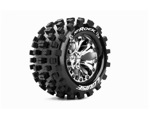 MT-ROCK - 1-10 Monster Truck Banden Set - Verlijmd op velg - Soft - 2.8\" Velgen Chroom -