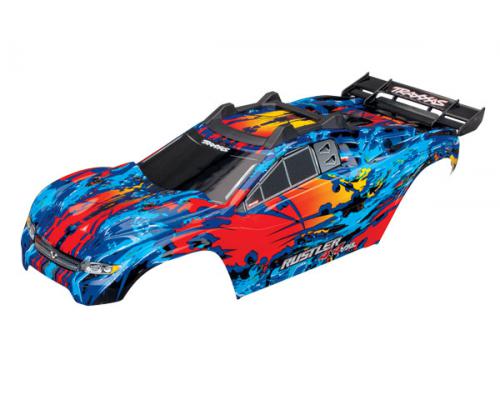 Traxxas TRX6717R Body, Rustler 4X4 VXL, rood / venster, grill, lichten decals (geassembleerd met voo