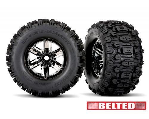 Traxxas TRX7871X Tires & wheels, assembled, glued (X-Maxx black chrome wheels, Sledgehammer belted t